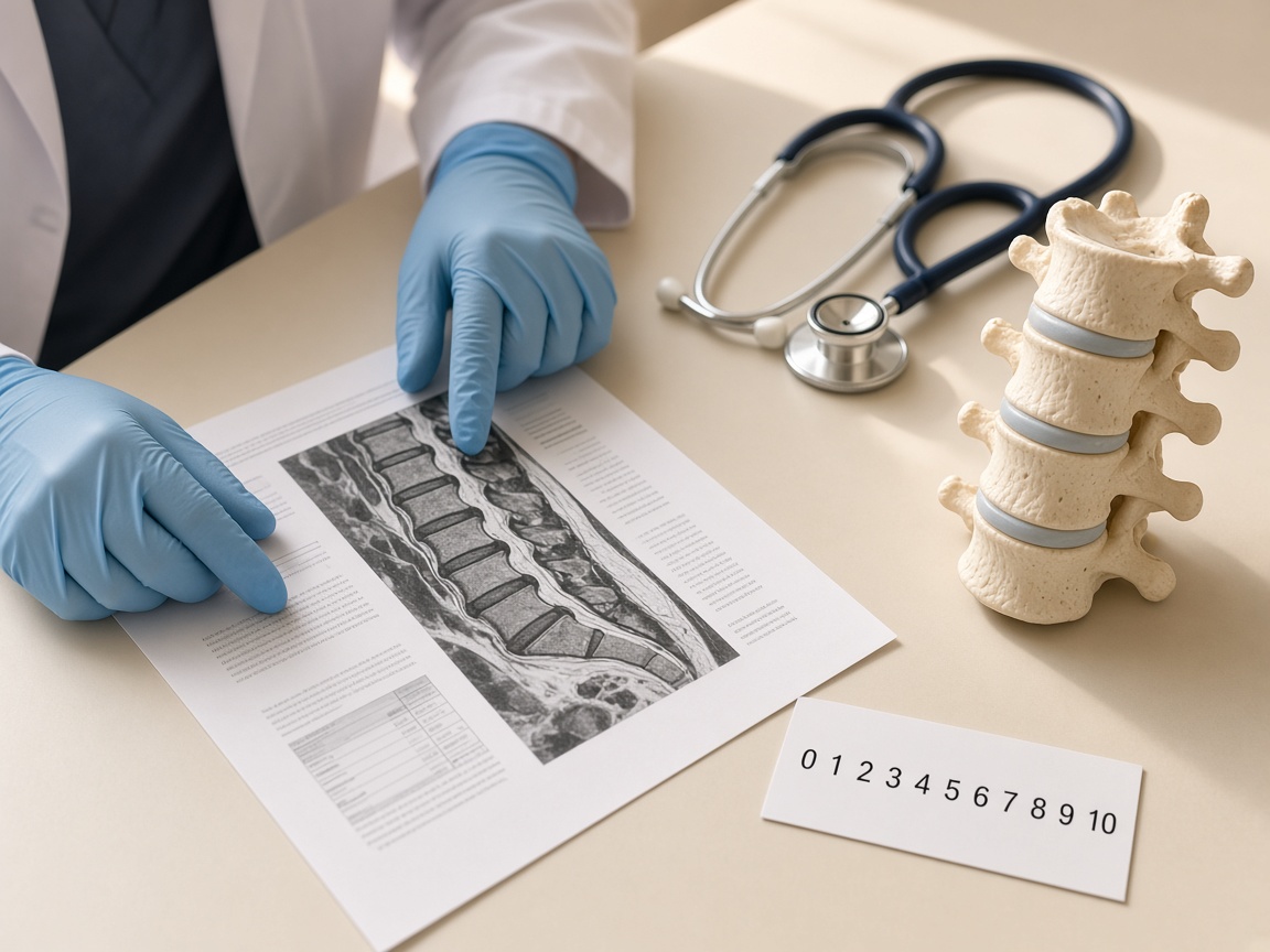 Clinician reviewing a pain management chart beside a spine model